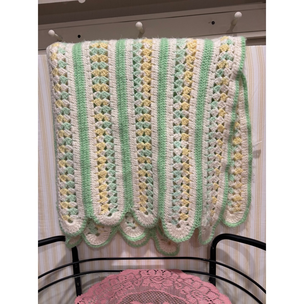 Handmade Crochet Afghan Blanket Pastel Green Yellow Cream Scalloped 53x36